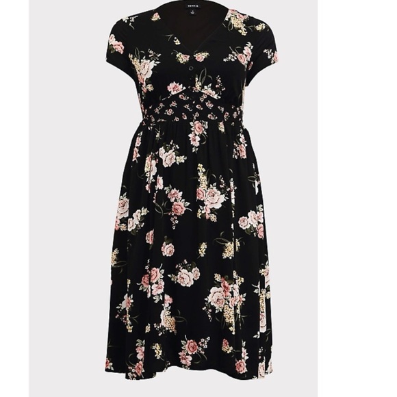 BLACK FLORAL MIXED PRINT BUTTON-DOWN MIDI DRESS - Picture 7 of 8